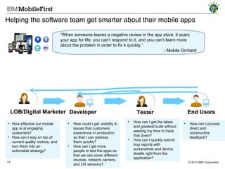 Helping the software team get smarter about their mobile apps
“When someone leaves a negative review in the app store, it scars
your app for life, you can’t respond to it, and you can’t learn more
about the problem in order to fix it quickly.”
- Mobile Orchard

LOB/Digital Marketer Developer
• How effective our mobile
app is at engaging
customers?
• How can I stay on top of
current quality metrics, and
turn them into an
actionable strategy?
17

•

•

How could I get visibility to
issues that customers
experience in production
so that I can address
them quickly?
How can I get more
people to test the apps so
that we can cover different
devices, network carriers,
#IBMMobile
and OS versions?

End Users

Tester
•

•

How can I get the latest
and greatest build without
wasting my time to track
that down?
How can I quickly submit
bug reports with
screenshots and device
details right from the
application?

•

How can I provide
direct and
constructive
feedback?

© 2013 IBM Corporation

 