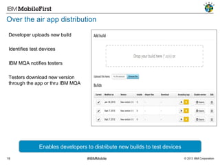 Over the air app distribution
Developer uploads new build
Identifies test devices
IBM MQA notifies testers
Testers download new version
through the app or thru IBM MQA

Enables developers to distribute new builds to test devices
18

#IBMMobile

© 2013 IBM Corporation

 