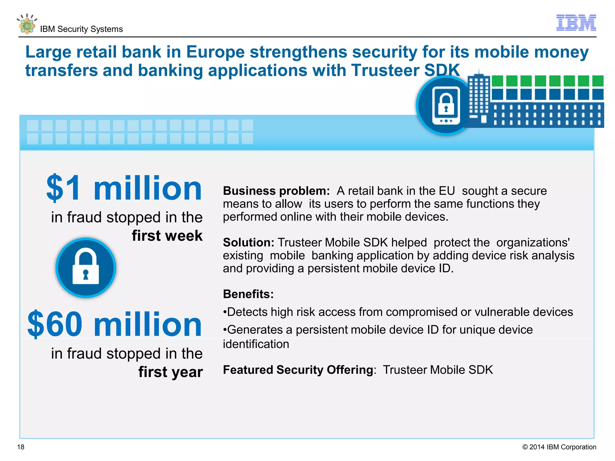 © 2014 IBM Corporation
IBM Security Systems
18
Large retail bank in Europe strengthens security for its mobile money
transfers and banking applications with Trusteer SDK
Business problem: A retail bank in the EU sought a secure
means to allow its users to perform the same functions they
performed online with their mobile devices.
Solution: Trusteer Mobile SDK helped protect the organizations'
existing mobile banking application by adding device risk analysis
and providing a persistent mobile device ID.
Benefits:
•Detects high risk access from compromised or vulnerable devices
•Generates a persistent mobile device ID for unique device
identification
Featured Security Offering: Trusteer Mobile SDK
$1 million
in fraud stopped in the
first week
$60 million
in fraud stopped in the
first year
 