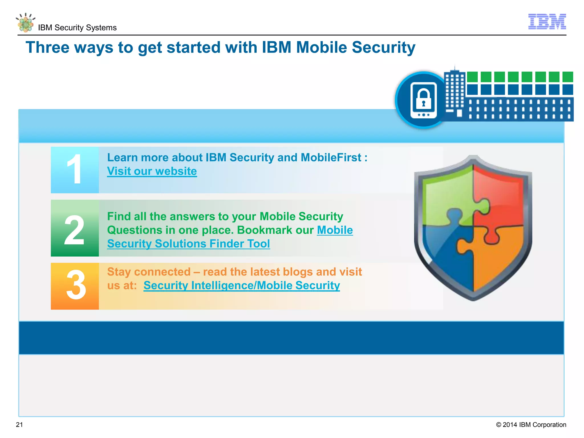 © 2014 IBM Corporation
IBM Security Systems
21
1
Learn more about IBM Security and MobileFirst :
Visit our website
Stay connected – read the latest blogs and visit
us at: Security Intelligence/Mobile Security
2
3
Find all the answers to your Mobile Security
Questions in one place. Bookmark our Mobile
Security Solutions Finder Tool
Three ways to get started with IBM Mobile Security
 