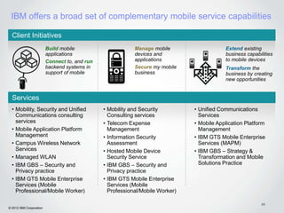 IBM offers a broad set of complementary mobile service capabilities

  Client Initiatives
                         Build mobile                      Manage mobile                   Extend existing
                         applications                      devices and                     business capabilities
                         Connect to, and run               applications                    to mobile devices
                         backend systems in                Secure my mobile                Transform the
                         support of mobile                 business                        business by creating
                                                                                           new opportunities


  Services
  • Mobility, Security and Unified             • Mobility and Security         • Unified Communications
    Communications consulting                    Consulting services             Services
    services                                   • Telecom Expense               • Mobile Application Platform
  • Mobile Application Platform                  Management                      Management
    Management                                 • Information Security          • IBM GTS Mobile Enterprise
  • Campus Wireless Network                      Assessment                      Services (MAPM)
    Services                                   • Hosted Mobile Device          • IBM GBS – Strategy &
  • Managed WLAN                                 Security Service                Transformation and Mobile
  • IBM GBS – Security and                     • IBM GBS – Security and          Solutions Practice
    Privacy practice                             Privacy practice
  • IBM GTS Mobile Enterprise                  • IBM GTS Mobile Enterprise
    Services (Mobile                             Services (Mobile
    Professional/Mobile Worker)                  Professional/Mobile Worker)

                                                                                                           24
© 2012 IBM Corporation
 