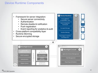 Device Runtime Components



                    • Framework for server integration:
                        • Secure server connectivity
                        • Authentication
                        • Remote disable & notification
                        • Push registration
                        • Event reporting for analytics & audit
                    • Cross-platform compatibility layer
                    • Runtime Skinning
                    • Secure encrypted storage




29                                                                29
 © 2012 IBM Corporation
 