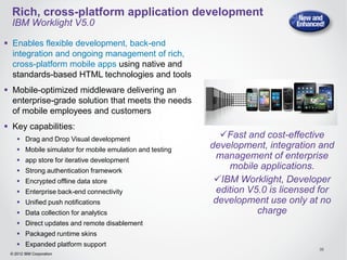 Rich, cross-platform application development
  IBM Worklight V5.0

 Enables flexible development, back-end
  integration and ongoing management of rich,
  cross-platform mobile apps using native and
  standards-based HTML technologies and tools
 Mobile-optimized middleware delivering an
  enterprise-grade solution that meets the needs
  of mobile employees and customers
 Key capabilities:
     Drag and Drop Visual development
                                                            Fast and cost-effective
     Mobile simulator for mobile emulation and testing
                                                          development, integration and
     app store for iterative development
                                                           management of enterprise
     Strong authentication framework
                                                              mobile applications.
     Encrypted offline data store                         IBM Worklight, Developer
     Enterprise back-end connectivity                     edition V5.0 is licensed for
     Unified push notifications                           development use only at no
     Data collection for analytics                                  charge
     Direct updates and remote disablement
     Packaged runtime skins
     Expanded platform support
                                                                                   35
 © 2012 IBM Corporation
 