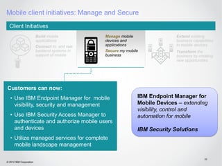 Mobile client initiatives: Manage and Secure
  Client Initiatives
                         Build mobile          Manage mobile                Extend existing
                         applications          devices and                  business capabilities
                         Connect to, and run   applications                 to mobile devices
                         backend systems in    Secure my mobile             Transform the
                         support of mobile     business                     business by creating
                                                                            new opportunities




Customers can now:
  • Use IBM Endpoint Manager for mobile                       IBM Endpoint Manager for
    visibility, security and management                       Mobile Devices – extending
                                                              visibility, control and
  • Use IBM Security Access Manager to                        automation for mobile
    authenticate and authorize mobile users
    and devices                                               IBM Security Solutions
  • Utilize managed services for complete
    mobile landscape management

                                                                                            39
© 2012 IBM Corporation
 