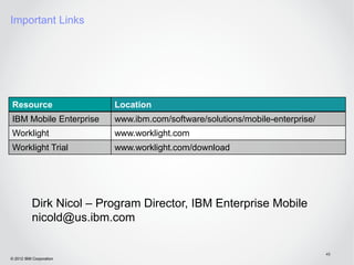 Important Links




Resource                  Location
IBM Mobile Enterprise     www.ibm.com/software/solutions/mobile-enterprise/
Worklight                 www.worklight.com
Worklight Trial           www.worklight.com/download




           Dirk Nicol – Program Director, IBM Enterprise Mobile
           nicold@us.ibm.com

                                                                              45
© 2012 IBM Corporation
 