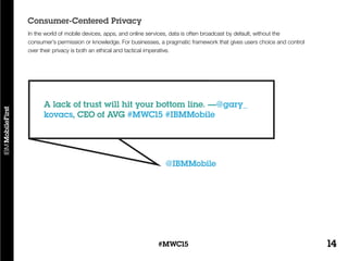 14#MWC15
In the world of mobile devices, apps, and online services, data is often broadcast by default, without the
consumer’s permission or knowledge. For businesses, a pragmatic framework that gives users choice and control
over their privacy is both an ethical and tactical imperative.
Consumer-Centered Privacy
@IBMMobile
A lack of trust will hit your bottom line. —@gary_
kovacs, CEO of AVG #MWC15 #IBMMobile
 