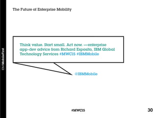 30#MWC15
The Future of Enterprise Mobility
@IBMMobile
Think value. Start small. Act now. —enterprise
app-dev advice from Richard Esposito, IBM Global
Technology Services #MWC15 #IBMMobile
 