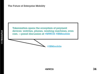 34#MWC15
The Future of Enterprise Mobility
@IBMmobile
Tokenization opens the ecosystem of payment
devices: watches, phones, washing machines, even
cars. —panel discussion at #MWC15 #IBMmobile
 