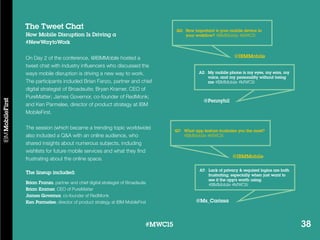 38#MWC15 38
On Day 2 of the conference, @IBMMobile hosted a
tweet chat with industry influencers who discussed the
ways mobile disruption is driving a new way to work.
The participants included Brian Fanzo, partner and chief
digital strategist of Broadsuite; Bryan Kramer, CEO of
PureMatter; James Governor, co-founder of RedMonk;
and Ken Parmelee, director of product strategy at IBM
MobileFirst.
The session (which became a trending topic worldwide)
also included a Q&A with an online audience, who
shared insights about numerous subjects, including
wishlists for future mobile services and what they find
frustrating about the online space.
#MWC15
The lineup included:
Brian Franzo, partner and chief digital strategist of Broadsuite
Brian Kramer, CEO of PureMatter
James Governor, co-founder of RedMonk
Ken Parmelee, director of product strategy at IBM MobileFirst
The Tweet Chat
How Mobile Disruption Is Driving a
#NewWaytoWork
@IBMMobile
@IBMMobile
@Pennyhil
@Ms_Carissa
Q2: 	How important is your mobile device in 	
	 your workflow? #IBMMobile #MWC15
Q7: 	What app feature frustrates you the most? 	
	 #IBMMobile #MWC15
A2:	 My mobile phone is my eyes, my ears, my
	 voice, and my personality without being
	me #IBMMobile #MWC15
A7:	 Lack of privacy & required logins are both 	
	 frustrating, especially when just want to
	 see if the app’s worth using.
	 #IBMMobile #MWC15
 
