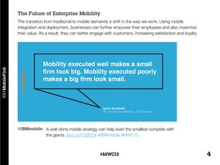 4#MWC15
A well-done mobile strategy can help even the smallest compete with
the giants. ibm.co/17BFZrx #IBMmobile #MWC15
The transition from traditional to mobile demands a shift in the way we work. Using mobile
integration and deployment, businesses can further empower their employees and also maximize
their value. As a result, they can better engage with customers, increasing satisfaction and loyalty.
The Future of Enterprise Mobility
@IBMmobile:
 