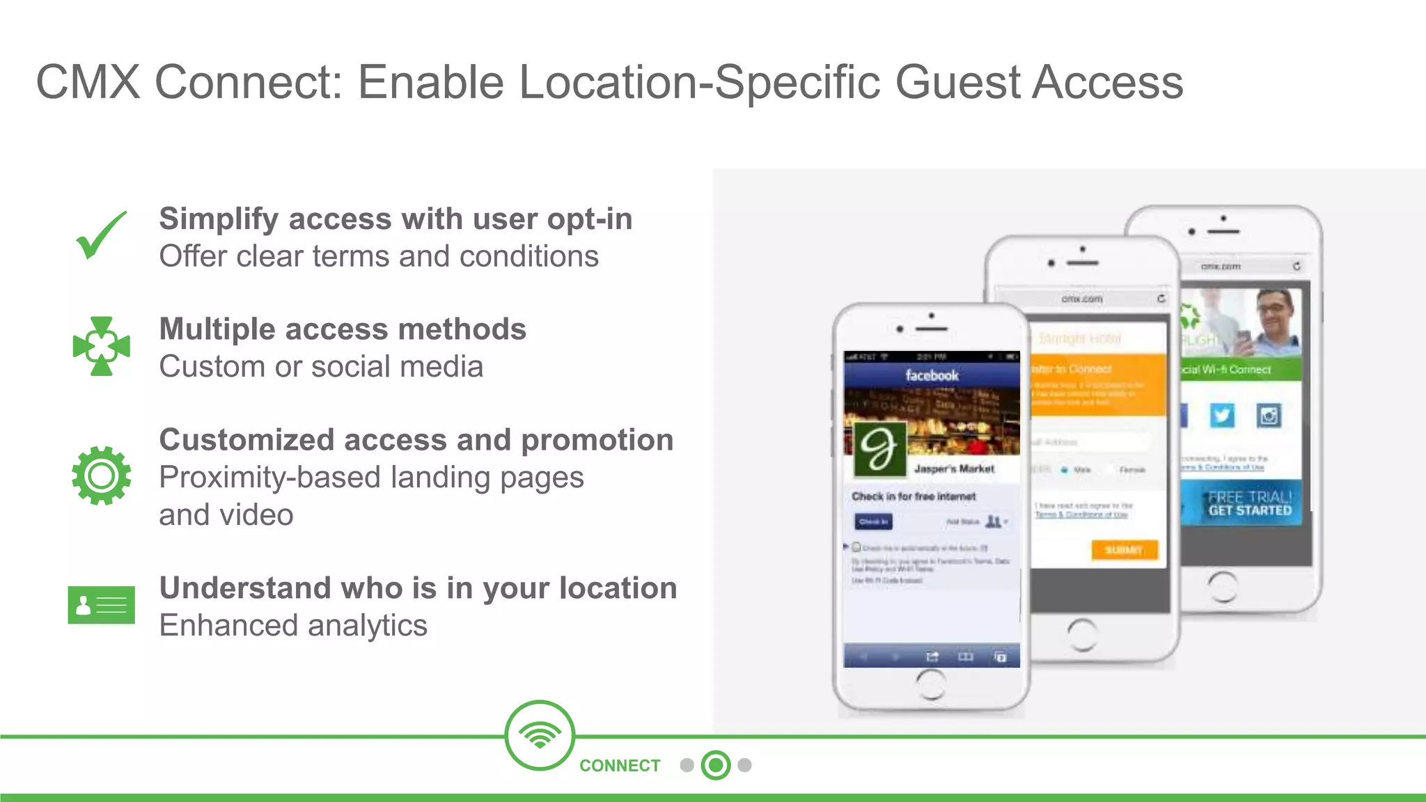 CMX Connect: Enable Location-Specific Guest Access
Simplify access with user opt-in
Offer clear terms and conditions
Multiple access methods
Custom or social media
Customized access and promotion
Proximity-based landing pages
and video
Understand who is in your location
Enhanced analytics
CONNECT
 