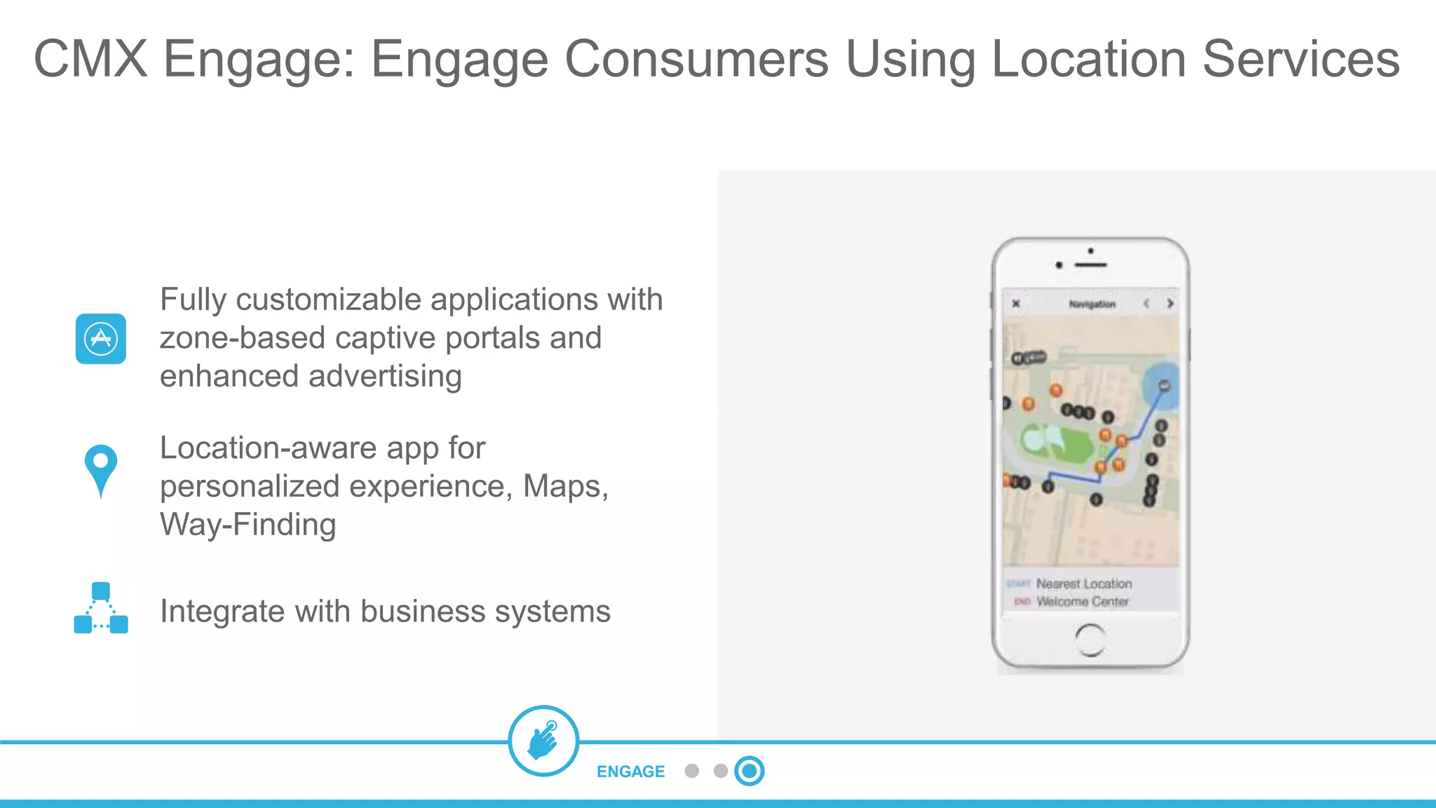 Fully customizable applications with
zone-based captive portals and
enhanced advertising
Location-aware app for
personalized experience, Maps,
Way-Finding
Integrate with business systems
CMX Engage: Engage Consumers Using Location Services
ENGAGE
 