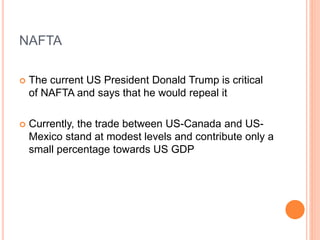 NAFTA
 The current US President Donald Trump is critical
of NAFTA and says that he would repeal it
 Currently, the trade between US-Canada and US-
Mexico stand at modest levels and contribute only a
small percentage towards US GDP
 