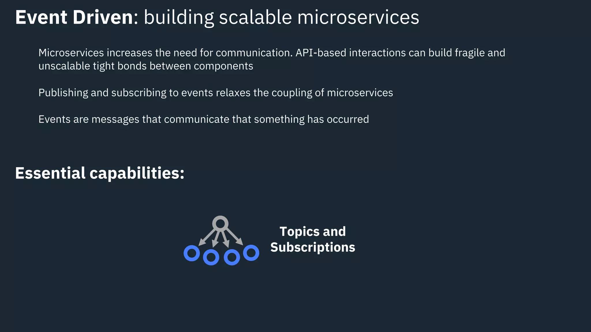Event Driven: building scalable microservices
Microservices increases the need for communication. API-based interactions can build fragile and
unscalable tight bonds between components
Topics and
Subscriptions
Publishing and subscribing to events relaxes the coupling of microservices
Events are messages that communicate that something has occurred
Essential capabilities:
 