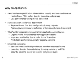 5 © 2015 IBM Corporation
Why an Appliance?
• Fixed hardware specification allows IBM to simplify and tune the firmware
– Having fewer POVs makes it easier to deploy and manage
– Less performance tuning should be needed
• Standardisation accelerates deployment
– Repeatable and fast, less configuration/tuning required
– Post-deployment resource definition or lock down before deployment
• “Hub” pattern separates messaging from applications/middleware
– Organisational independence from application teams
– Improved availability, due to reduction of downtime
– Predictable performance, simpler capacity planning
• Simplified ownership
– Self-contained: avoids dependencies on other resources/teams
– Licensing: Simpler than calculating licensing costs (e.g. by PVU)
– Security: Easier to assess for security compliance audit
 