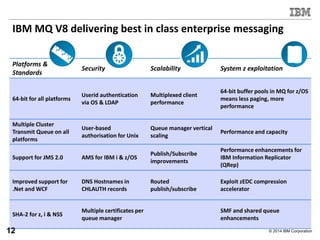 © 2014 IBM Corporation
IBM MQ V8 delivering best in class enterprise messaging
Platforms &
Standards
Security Scalability System z exploitation
64-bit for all platforms
Userid authentication
via OS & LDAP
Multiplexed client
performance
64-bit buffer pools in MQ for z/OS
means less paging, more
performance
Multiple Cluster
Transmit Queue on all
platforms
User-based
authorisation for Unix
Queue manager vertical
scaling
Performance and capacity
Support for JMS 2.0 AMS for IBM i & z/OS
Publish/Subscribe
improvements
Performance enhancements for
IBM Information Replicator
(QRep)
Improved support for
.Net and WCF
DNS Hostnames in
CHLAUTH records
Routed
publish/subscribe
Exploit zEDC compression
accelerator
SHA-2 for z, i & NSS
Multiple certificates per
queue manager
SMF and shared queue
enhancements
12
 
