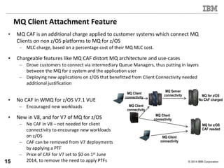 © 2014 IBM Corporation
MQ Client Attachment Feature
• MQ CAF is an additional charge applied to customer systems which connect MQ
Clients on non z/OS platforms to MQ for z/OS
– MLC charge, based on a percentage cost of their MQ MLC cost.
• Chargeable features like MQ CAF distort MQ architecture and use-cases
– Drove customers to connect via intermediary Queue Managers, thus putting in layers
between the MQ for z system and the application user
– Deploying new applications on z/OS that benefitted from Client Connectivity needed
additional justification
MQ Client
connectivity
MQ Client
connectivity
MQ Client
connectivity
MQ Client
connectivity
MQ Server
connectivity MQ for z/OS
No CAF charged
MQ for z/OS
CAF needed
• No CAF in WMQ for z/OS V7.1 VUE
– Encouraged new workloads
• New in V8, and for V7 of MQ for z/OS
– No CAF in V8 – not needed for client
connectivity to encourage new workloads
on z/OS
– CAF can be removed from V7 deployments
by applying a PTF
– Price of CAF for V7 set to $0 on 1st June
2014, to remove the need to apply PTFs15
 