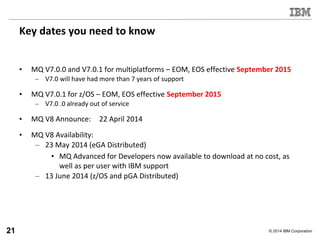 © 2014 IBM Corporation
Key dates you need to know
• MQ V7.0.0 and V7.0.1 for multiplatforms – EOM, EOS effective September 2015
– V7.0 will have had more than 7 years of support
• MQ V7.0.1 for z/OS – EOM, EOS effective September 2015
– V7.0 .0 already out of service
• MQ V8 Announce: 22 April 2014
• MQ V8 Availability:
– 23 May 2014 (eGA Distributed)
• MQ Advanced for Developers now available to download at no cost, as
well as per user with IBM support
– 13 June 2014 (z/OS and pGA Distributed)
21
 