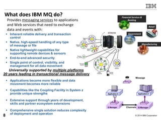 © 2014 IBM Corporation
What does IBM MQ do?
Provides messaging services to applications
and Web services that need to exchange
data and events with:
Universally supported by multiple platforms
20 years leading in transactional message delivery
Financial Services &
Banking
Government
Manufacturing
Retail
Q Manager Q Manager
Message
Queue
Application ZApplication A
Channels
 Inherent reliable delivery and transaction
control
 Native, high-speed handling of any type
of message or file
 Native lightweight capabilities for
supporting remote devices & sensors
 End-to-end advanced security
 Single point of control, visibility, and
management for all data movement
 Applications become more flexible and data
movement becomes more reliable
 Capabilities like the Coupling Facility in System z
provide unique strengths
 Extensive support through years of development,
skills and partner ecosystem extensions
 Comprehensive single solution reduces complexity
of deployment and operation
8
 