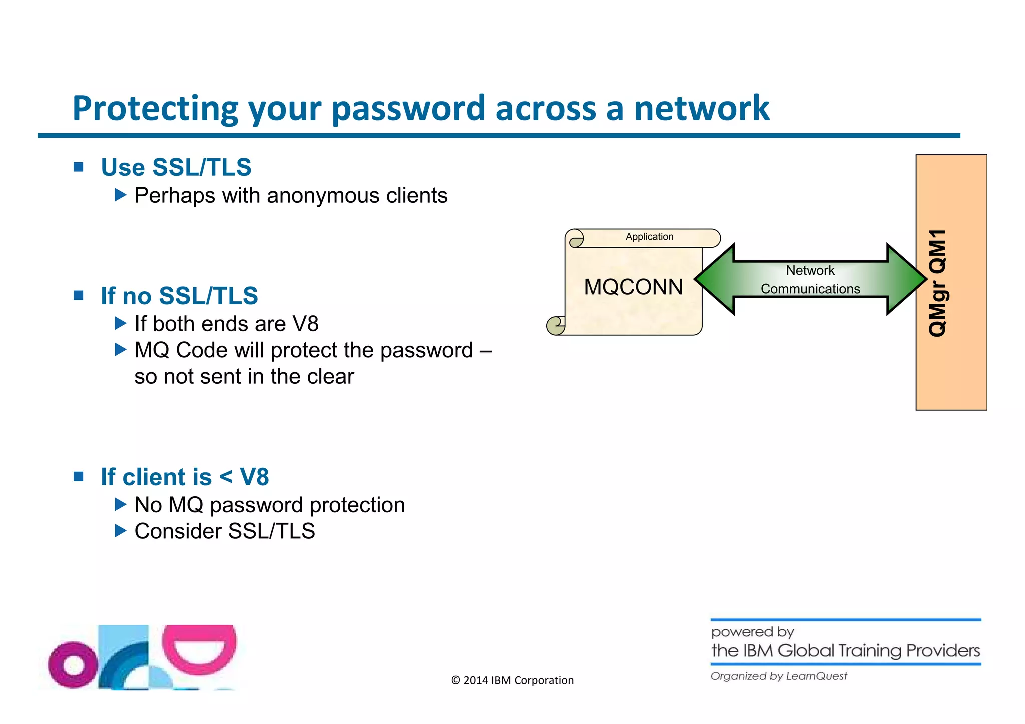 Protecting your password across a network 
© 2014 IBM Corporation 
 Use SSL/TLS 
Perhaps with anonymous clients 
 If no SSL/TLS 
If both ends are V8 
MQ Code will protect the password – 
so not sent in the clear 
 If client is  V8 
No MQ password protection 
Consider SSL/TLS 
Application 
MQCONN 
QMgr QM1 
Network 
Communications 
 