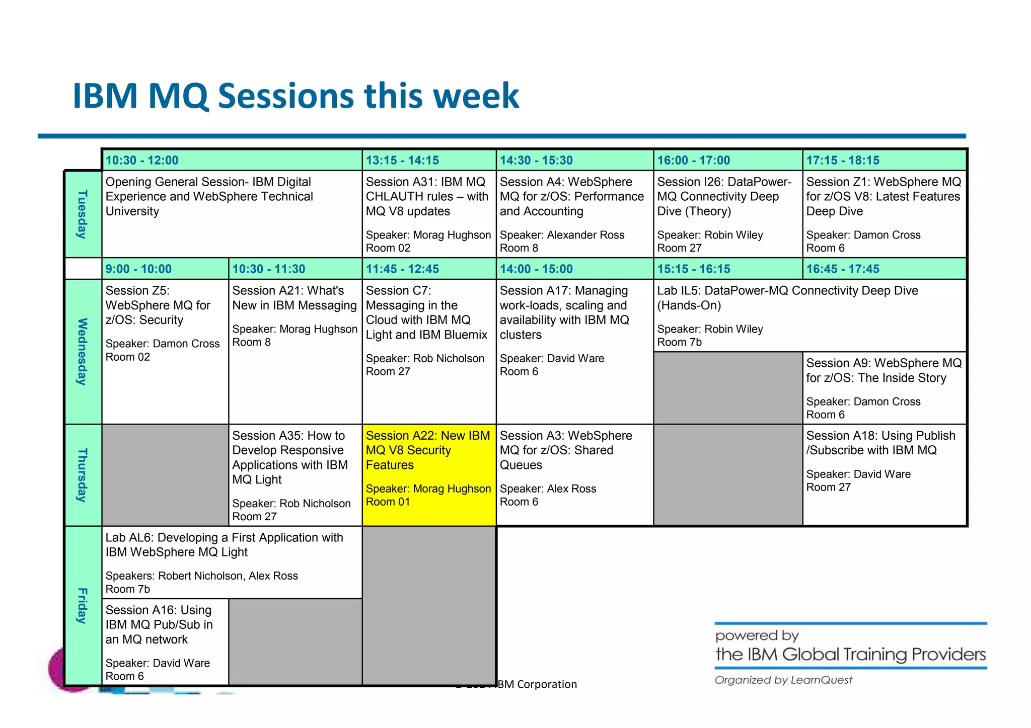 IBM MQ Sessions this week 
10:30 9:00 - 10:00 - 11:30 11:45 - 12:45 14:00 - 15:00 15:15 - 16:15 16:45 - 17:45 
© 2014 IBM Corporation 
Session A35: How to 
Develop Responsive 
Applications with IBM 
MQ Light 
Speaker: Rob Nicholson 
Room 27 
Session A9: WebSphere MQ 
for z/OS: The Inside Story 
Speaker: Damon Cross 
Room 6 
Session A16: Using 
IBM MQ Pub/Sub in 
an MQ network 
Speaker: David Ware 
Room 6 
Session A21: What's 
New in IBM Messaging 
Speaker: Morag Hughson 
Room 8 
Lab AL6: Developing a First Application with 
IBM WebSphere MQ Light 
Speakers: Robert Nicholson, Alex Ross 
Room 7b 
Friday 
Session A18: Using Publish 
/Subscribe with IBM MQ 
Speaker: David Ware 
Room 27 
Session A3: WebSphere 
MQ for z/OS: Shared 
Queues 
Speaker: Alex Ross 
Room 6 
Session A22: New IBM 
MQ V8 Security 
Features 
Speaker: Morag Hughson 
Room 01 
Thursday 
Lab IL5: DataPower-MQ Connectivity Deep Dive 
(Hands-On) 
Speaker: Robin Wiley 
Room 7b 
Session A17: Managing 
work-loads, scaling and 
availability with IBM MQ 
clusters 
Speaker: David Ware 
Room 6 
Session C7: 
Messaging in the 
Cloud with IBM MQ 
Light and IBM Bluemix 
Speaker: Rob Nicholson 
Room 27 
Session Z5: 
WebSphere MQ for 
z/OS: Security 
Speaker: Damon Cross 
Room 02 
Wednesday 
Session Z1: WebSphere MQ 
for z/OS V8: Latest Features 
Deep Dive 
Speaker: Damon Cross 
Room 6 
Session I26: DataPower- 
MQ Connectivity Deep 
Dive (Theory) 
Speaker: Robin Wiley 
Room 27 
Session A4: WebSphere 
MQ for z/OS: Performance 
and Accounting 
Speaker: Alexander Ross 
Room 8 
Session A31: IBM MQ 
CHLAUTH rules – with 
MQ V8 updates 
Speaker: Morag Hughson 
Room 02 
Opening General Session- IBM Digital 
Experience and WebSphere Technical 
University 
Tuesday 
10:30 - 12:00 13:15 - 14:15 14:30 - 15:30 16:00 - 17:00 17:15 - 18:15 
