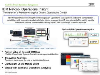 Analytics Driven Operations Management
© 2014 IBM Corporation 1
IBM Netcool Operations Insight
The Heart of a Modern Analytics Driven Operations Center
• Proven value of Netcool OMNIbus
World’s #1 and most Secure Operations Management Solution
• Innovative Analytics
Transform experience for new or existing customers
• Lightweight UI and Mobile Client
• Extend with additional Operations Analytics
IBM Netcool Operations Insight combines proven Operations Management and Alarm consolidation
capabilities with innovative analytics to help clients empower their IT operations staff to rapidly identify,
isolate and resolve problems before they impact their company's business services
Optional IBM Operations Analytics
Predict
Search
 