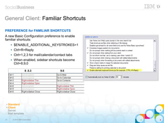 31 © 2014 IBM Corporation
General Client: Familiar Shortcuts
✔ Standard
✔ Client
Server
Mail template
PREFERENCE for FAMILIAR SHORTCUTS
A new Basic Configuration preference to enable
familiar shortcuts:
 $ENABLE_ADDITIONAL_KEYSTROKES=1
 Ctrl+R=Reply
 Ctrl+1,2,3 for mail/calendar/contact tabs
 When enabled, sidebar shortcuts become
Ctrl+8,9,0
8 .5.3 9.0
 