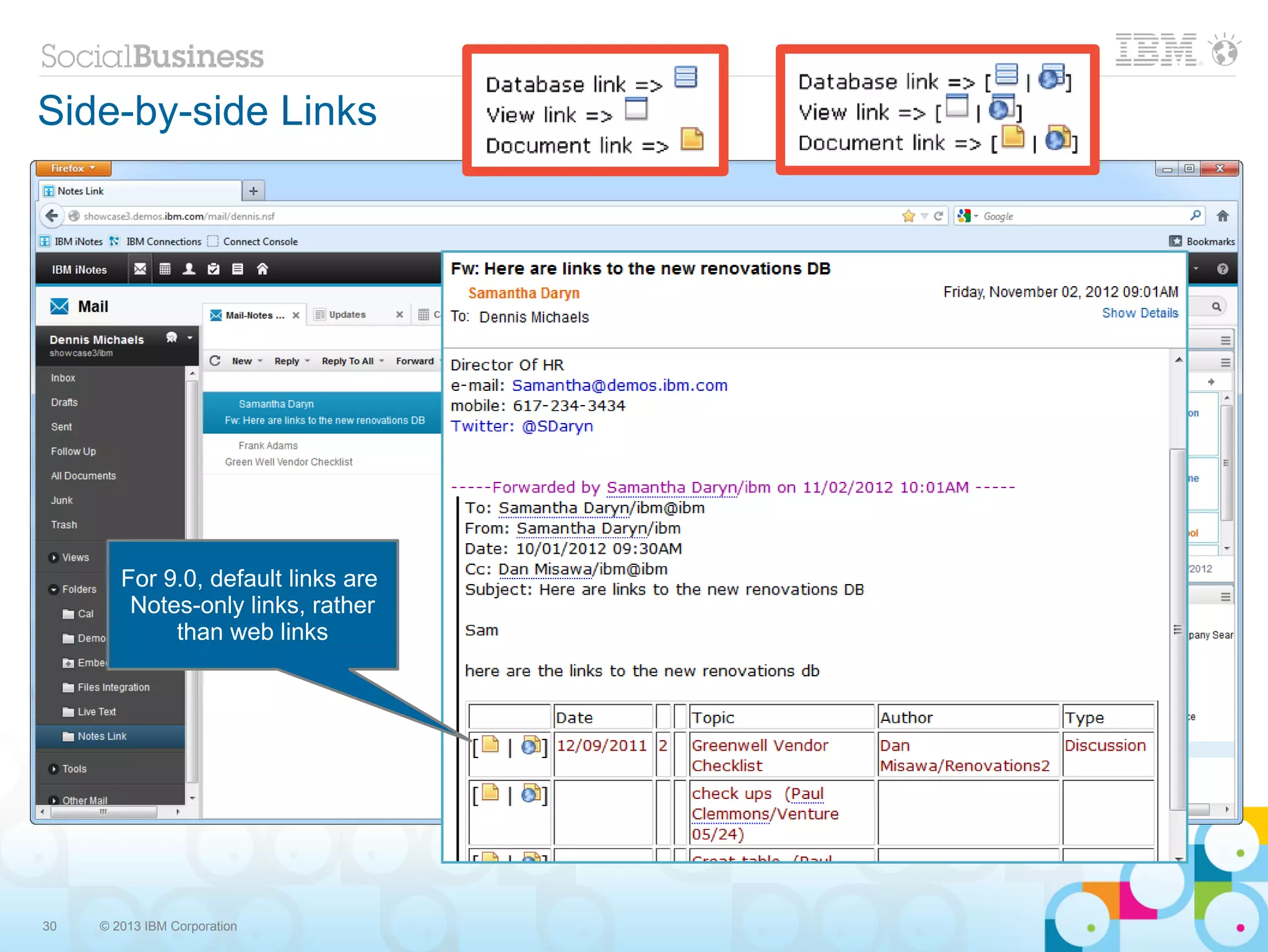 Side-by-side Links




        For 9.0, default links are
         Notes-only links, rather
             than web links




30   © 2013 IBM Corporation
 