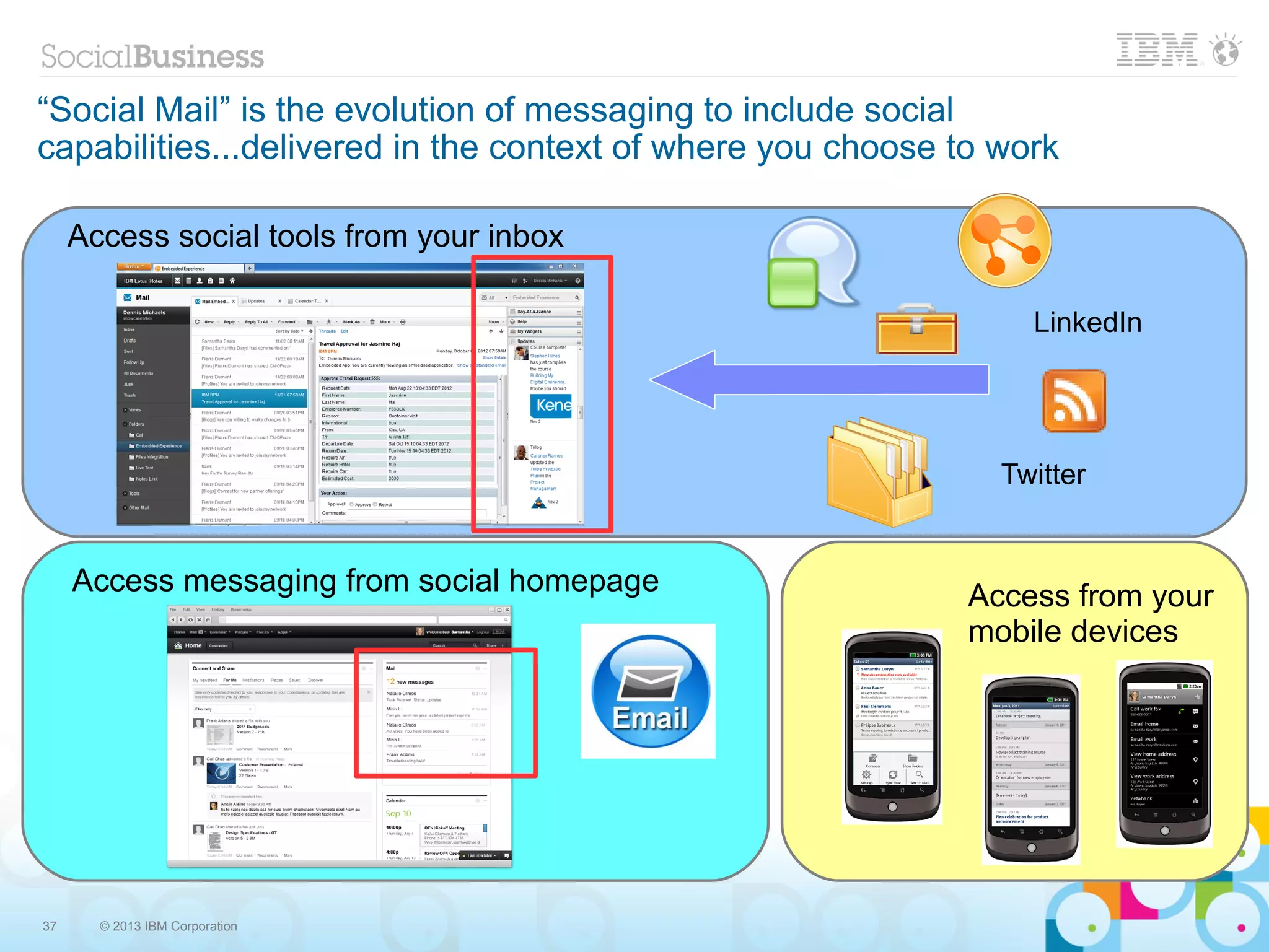 “Social Mail” is the evolution of messaging to include social
capabilities...delivered in the context of where you choose to work

     Access social tools from your inbox

                                                                 LinkedIn




                                                               Twitter


     Access messaging from social homepage                   Access from your
                                                             mobile devices




37     © 2013 IBM Corporation
 