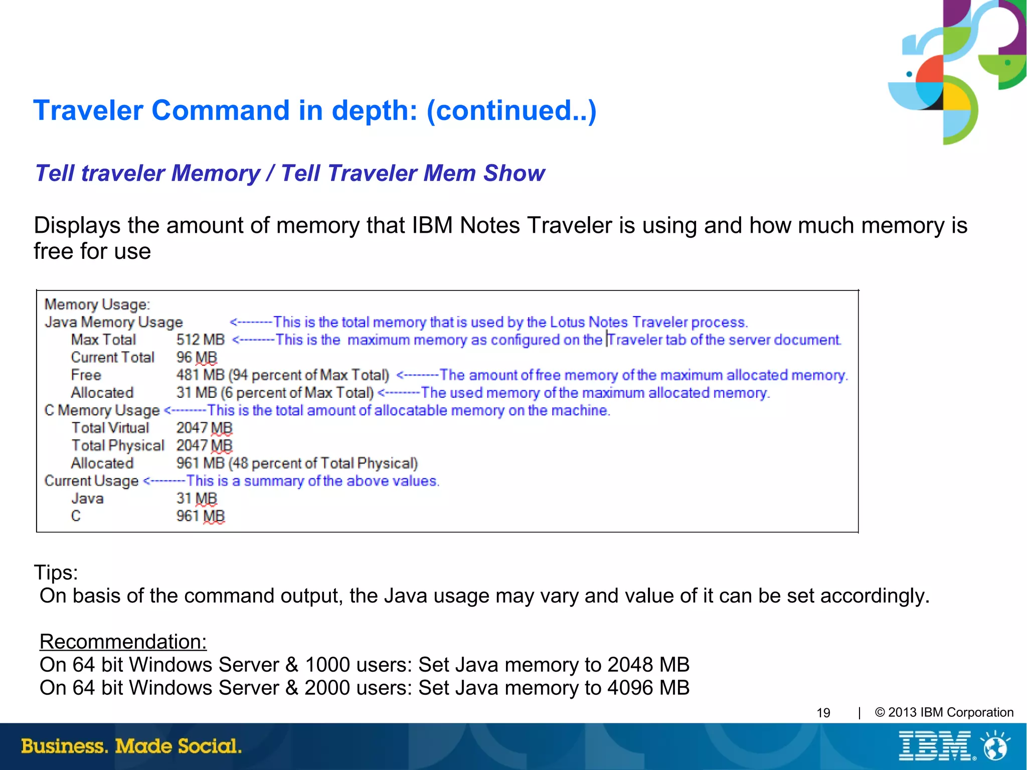 | © 2013 IBM Corporation19
Tell traveler Memory / Tell Traveler Mem Show
Displays the amount of memory that IBM Notes Traveler is using and how much memory is
free for use
Tips:
On basis of the command output, the Java usage may vary and value of it can be set accordingly.
Recommendation:
On 64 bit Windows Server & 1000 users: Set Java memory to 2048 MB
On 64 bit Windows Server & 2000 users: Set Java memory to 4096 MB
Traveler Command in depth: (continued..)
 