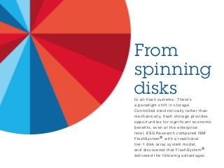 From
spinning
disksto all-flash systems: There’s
a paradigm shif t in storage.
Controlled electronically rather than
mechanically, flash storage provides
oppor tunities for significant economic
benefits, even at the enterprise
level. ESG Research compared IBM
FlashSystem® with a traditional
tier-1 disk array system model,
and discovered that FlashSystem®
delivered the following advantages.
 