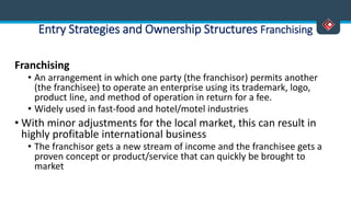 Entry Strategies and Ownership Structures Franchising
Franchising
• An arrangement in which one party (the franchisor) permits another
(the franchisee) to operate an enterprise using its trademark, logo,
product line, and method of operation in return for a fee.
• Widely used in fast-food and hotel/motel industries
• With minor adjustments for the local market, this can result in
highly profitable international business
• The franchisor gets a new stream of income and the franchisee gets a
proven concept or product/service that can quickly be brought to
market
 