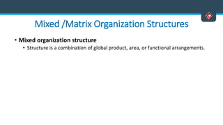 Mixed /Matrix Organization Structures
• Mixed organization structure
• Structure is a combination of global product, area, or functional arrangements.
 