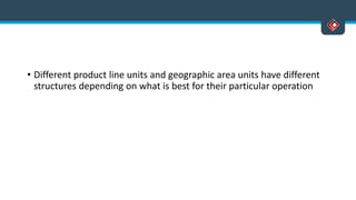 • Different product line units and geographic area units have different
structures depending on what is best for their particular operation
 