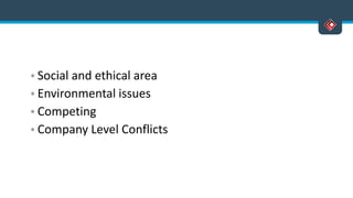 • Social and ethical area
• Environmental issues
• Competing
• Company Level Conflicts
 