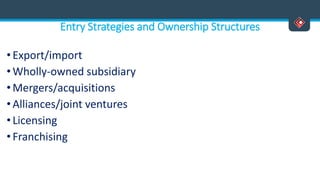 Entry Strategies and Ownership Structures
• Export/import
•Wholly-owned subsidiary
• Mergers/acquisitions
•Alliances/joint ventures
• Licensing
• Franchising
 