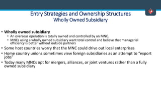 Entry Strategies and Ownership Structures
Wholly Owned Subsidiary
• Wholly owned subsidiary
• An overseas operation is totally owned and controlled by an MNC.
• MNCs using a wholly owned subsidiary want total control and believe that managerial
efficiency is better without outside partners
• Some host countries worry that the MNC could drive out local enterprises
• Home country unions sometimes view foreign subsidiaries as an attempt to “export
jobs”
• Today many MNCs opt for mergers, alliances, or joint ventures rather than a fully
owned subsidiary
 