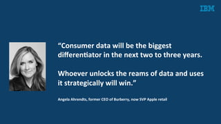 “Consumer	
  data	
  will	
  be	
  the	
  biggest	
  
diﬀerenAator	
  in	
  the	
  next	
  two	
  to	
  three	
  years.	
  
	
  
Whoever	
  unlocks	
  the	
  reams	
  of	
  data	
  and	
  uses	
  
it	
  strategically	
  will	
  win.”	
  
Angela	
  Ahrendts,	
  former	
  CEO	
  of	
  Burberry,	
  now	
  SVP	
  Apple	
  retail	
  	
  
 