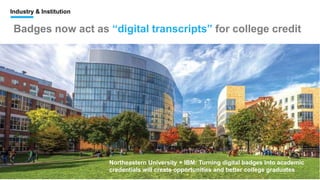 Industry & Institution
Badges now act as “digital transcripts” for college credit
Northeastern University + IBM: Turning digital badges into academic
credentials will create opportunities and better college graduates
 