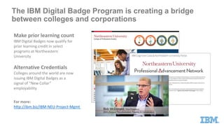 The IBM Digital Badge Program is creating a bridge
between colleges and corporations
Make prior learning count
IBM Digital Badges now qualify for
prior learning credit in select
programs at Northeastern
University
Alternative Credentials
Colleges around the world are now
issuing IBM Digital Badges as a
signal of “New Collar”
employability
For more:
http://ibm.biz/IBM-NEU-Project-Mgmt
 