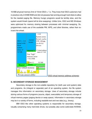 19
16 MiB physical memory limit of 16-bit OS/2 v. 1.x. They knew that OS/2 customers had
in practice only 2-8 MiB RAM and did not possess fast and big enough hard disks to allow
for the needed paging file. Memory hungry programs would be terribly slow, and the
system would thrash (spend all its time swapping). Unlike Unix, OS/2 and MS Windows
were optimized for memory sharing between processes with minimal swapping. So,
programmers made use of the available PM, WPS, and other libraries, rather than re-
invent the wheel.
OS/2 virtual memory address schemes
G. SECONDARY STORAGE MANAGEMENT
Secondary storage is the non-volatile repository for (both user and system) data
and programs. As (integral or separate) part of an operating system, the file system
manages this information on secondary storage. Uses of secondary storage include
storing various forms of programs (source, object, executable) and temporary storage of
virtual memory pages (paging device or swap space). Information in secondary storage
may be in a variety of forms, including readable text and raw data (e.g., binary).
IBM OS/2 like other operating systems is responsible for secondary storage.
Usually comprising many hard-disk drives, but possibly also some solid-state NVRAM,
 