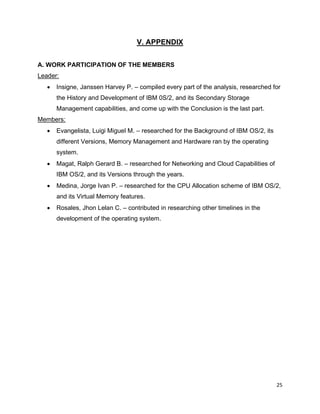 25
V. APPENDIX
A. WORK PARTICIPATION OF THE MEMBERS
Leader:
• Insigne, Janssen Harvey P. – compiled every part of the analysis, researched for
the History and Development of IBM 0S/2, and its Secondary Storage
Management capabilities, and come up with the Conclusion is the last part.
Members:
• Evangelista, Luigi Miguel M. – researched for the Background of IBM OS/2, its
different Versions, Memory Management and Hardware ran by the operating
system.
• Magat, Ralph Gerard B. – researched for Networking and Cloud Capabilities of
IBM OS/2, and its Versions through the years.
• Medina, Jorge Ivan P. – researched for the CPU Allocation scheme of IBM OS/2,
and its Virtual Memory features.
• Rosales, Jhon Lelan C. – contributed in researching other timelines in the
development of the operating system.
 