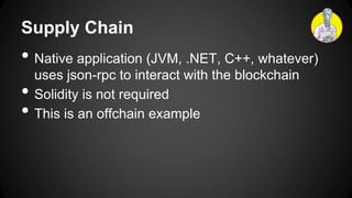 Supply Chain
Node.js
Java
Scala
Jython
JRuby
C
C++
C#
F#
Geth
Parity
etc
 