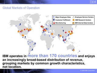 Global Markets of Operation

                              Major Employee Sites   Employee Service Centers
                              Customer Fulfillment   IBM Research Centers
                              Manufacturing          IBM Internal Data Centers




IBM operates in more than 170 countries and enjoys
an increasingly broad-based distribution of revenue,
grouping markets by common growth characteristics,
not location.
                                                            © 2009 IBM Corporation
 