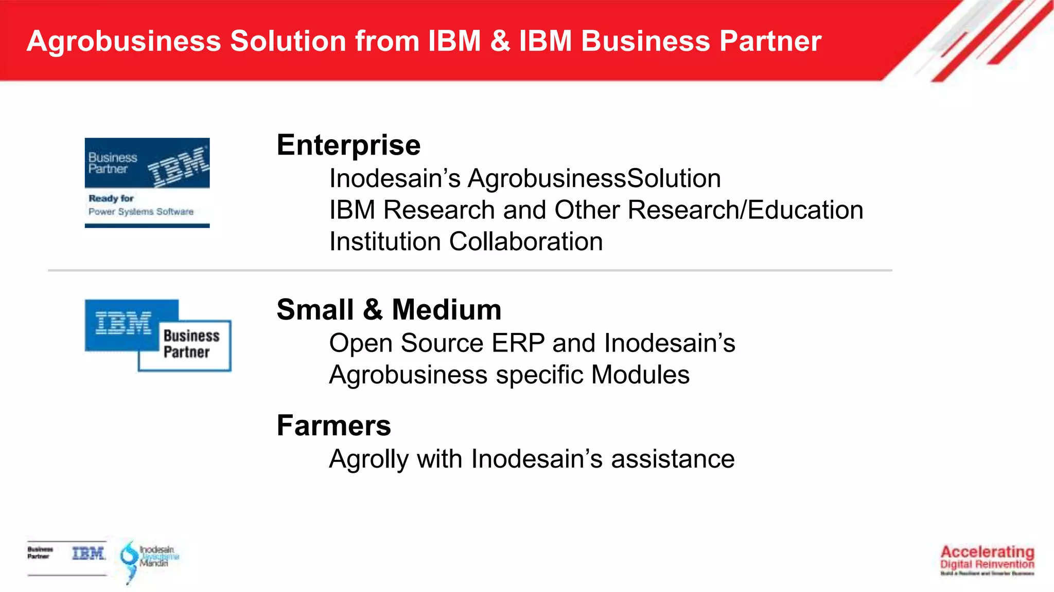 Agrobusiness Solution from IBM & IBM Business Partner
Enterprise
Inodesain’s AgrobusinessSolution
IBM Research and Other Research/Education
Institution Collaboration
Small & Medium
Open Source ERP and Inodesain’s
Agrobusiness specific Modules
Farmers
Agrolly with Inodesain’s assistance
 