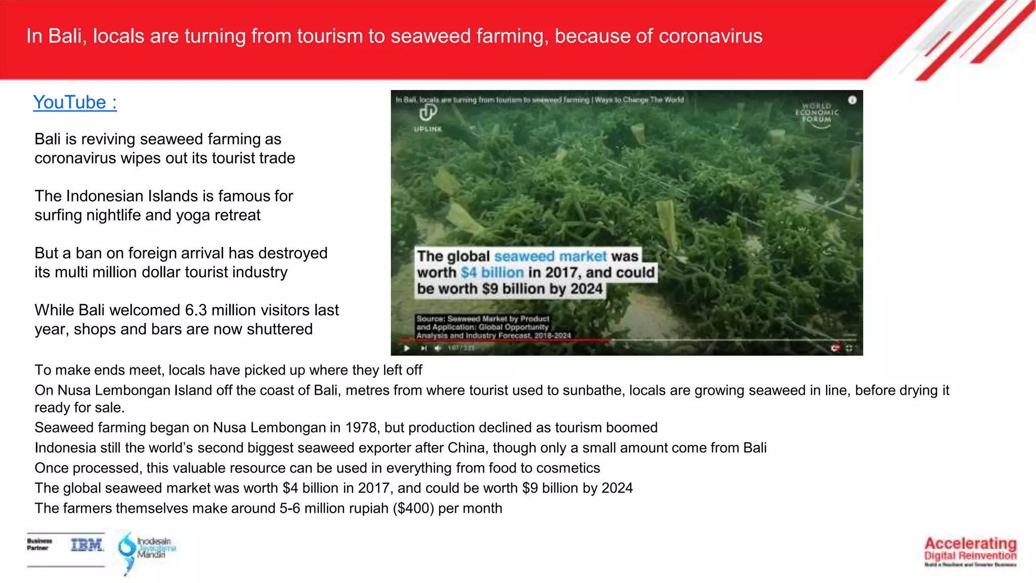 In Bali, locals are turning from tourism to seaweed farming, because of coronavirus
YouTube :
To make ends meet, locals have picked up where they left off
On Nusa Lembongan Island off the coast of Bali, metres from where tourist used to sunbathe, locals are growing seaweed in line, before drying it
ready for sale.
Seaweed farming began on Nusa Lembongan in 1978, but production declined as tourism boomed
Indonesia still the world’s second biggest seaweed exporter after China, though only a small amount come from Bali
Once processed, this valuable resource can be used in everything from food to cosmetics
The global seaweed market was worth $4 billion in 2017, and could be worth $9 billion by 2024
The farmers themselves make around 5-6 million rupiah ($400) per month
Bali is reviving seaweed farming as
coronavirus wipes out its tourist trade
The Indonesian Islands is famous for
surfing nightlife and yoga retreat
But a ban on foreign arrival has destroyed
its multi million dollar tourist industry
While Bali welcomed 6.3 million visitors last
year, shops and bars are now shuttered
 