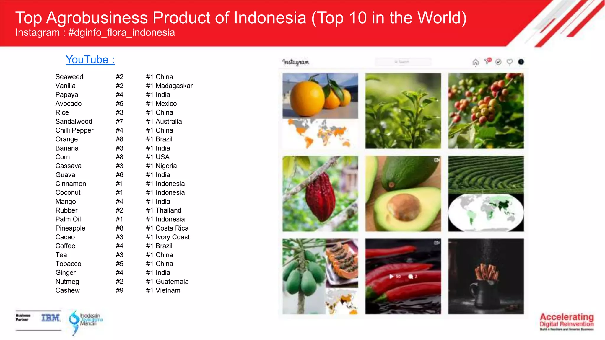 Top Agrobusiness Product of Indonesia (Top 10 in the World)
Instagram : #dginfo_flora_indonesia
Seaweed #2 #1 China
Vanilla #2 #1 Madagaskar
Papaya #4 #1 India
Avocado #5 #1 Mexico
Rice #3 #1 China
Sandalwood #7 #1 Australia
Chilli Pepper #4 #1 China
Orange #8 #1 Brazil
Banana #3 #1 India
Corn #8 #1 USA
Cassava #3 #1 Nigeria
Guava #6 #1 India
Cinnamon #1 #1 Indonesia
Coconut #1 #1 Indonesia
Mango #4 #1 India
Rubber #2 #1 Thailand
Palm Oil #1 #1 Indonesia
Pineapple #8 #1 Costa Rica
Cacao #3 #1 Ivory Coast
Coffee #4 #1 Brazil
Tea #3 #1 China
Tobacco #5 #1 China
Ginger #4 #1 India
Nutmeg #2 #1 Guatemala
Cashew #9 #1 Vietnam
YouTube :
 