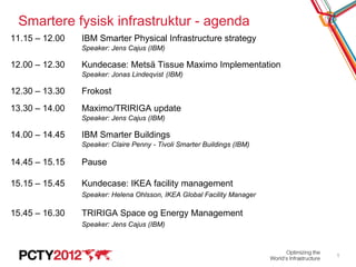 Smartere fysisk infrastruktur - agenda
11.15 – 12.00   IBM Smarter Physical Infrastructure strategy
                Speaker: Jens Cajus (IBM)

12.00 – 12.30   Kundecase: Metsä Tissue Maximo Implementation
                Speaker: Jonas Lindeqvist (IBM)

12.30 – 13.30   Frokost
13.30 – 14.00   Maximo/TRIRIGA update
                Speaker: Jens Cajus (IBM)

14.00 – 14.45   IBM Smarter Buildings
                Speaker: Claire Penny - Tivoli Smarter Buildings (IBM)

14.45 – 15.15   Pause

15.15 – 15.45   Kundecase: IKEA facility management
                Speaker: Helena Ohlsson, IKEA Global Facility Manager

15.45 – 16.30   TRIRIGA Space og Energy Management
                Speaker: Jens Cajus (IBM)



                                                                         1
 