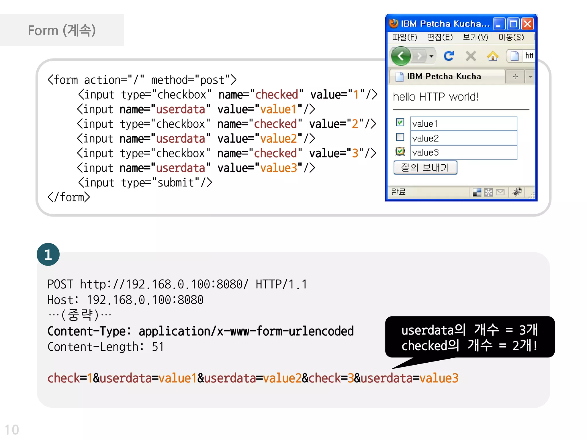 Form (계속)


       <form action="/" method="post">
            <input type="checkbox" name="checked" value="1"/>
            <input name="userdata" value="value1"/>
            <input type="checkbox" name="checked" value="2"/>
            <input name="userdata" value="value2"/>
            <input type="checkbox" name="checked" value="3"/>
            <input name="userdata" value="value3"/>
            <input type="submit"/>
       </form>



       1
       POST http://192.168.0.100:8080/ HTTP/1.1
       Host: 192.168.0.100:8080
       …(중략)…
       Content-Type: application/x-www-form-urlencoded          userdata의 개수 = 3개
       Content-Length: 51                                       checked의 개수 = 2개!

       check=1&userdata=value1&userdata=value2&check=3&userdata=value3



10
 