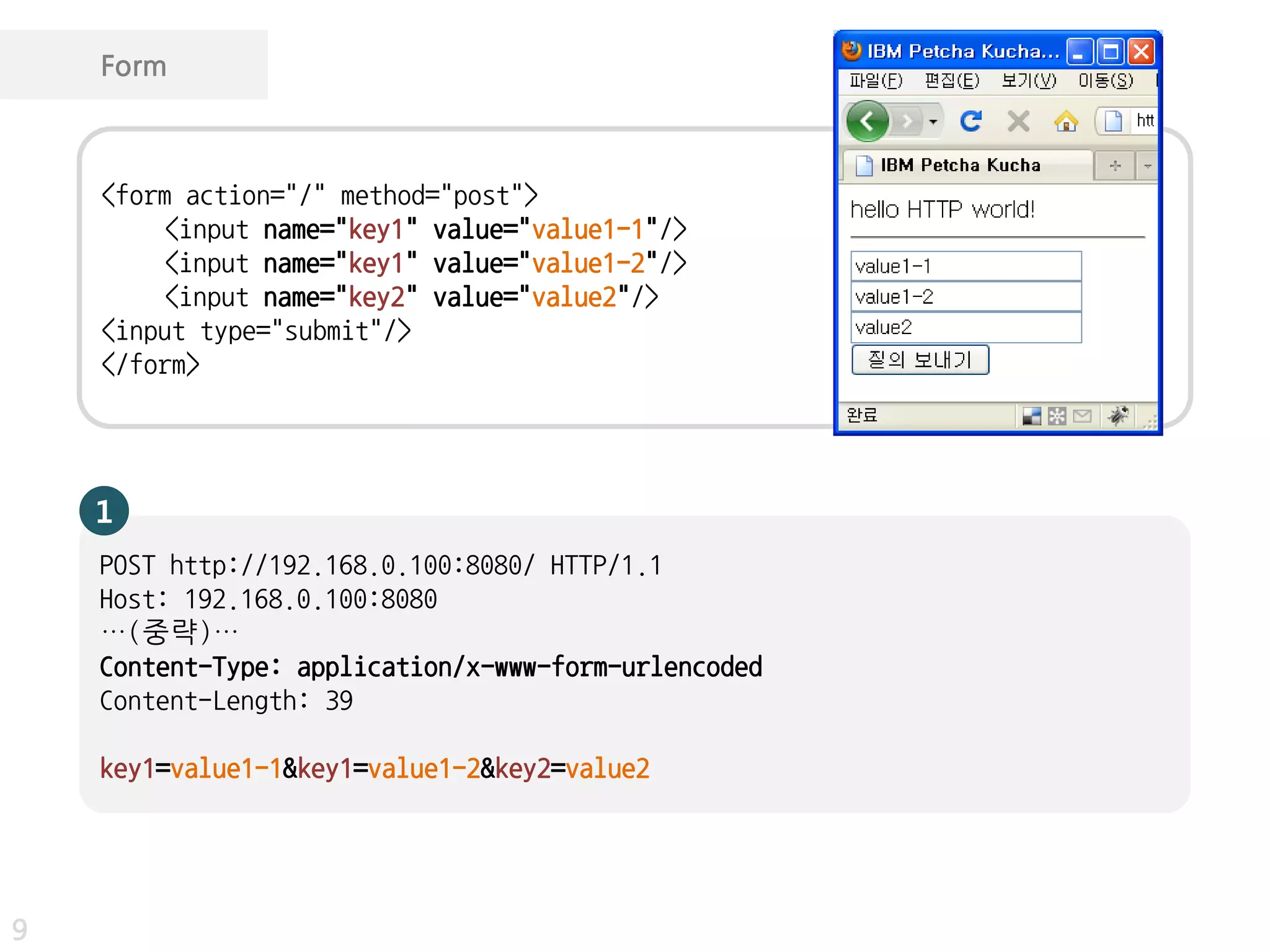 Form



    <form action="/" method="post">
         <input name="key1" value="value1-1"/>
         <input name="key1" value="value1-2"/>
         <input name="key2" value="value2"/>
    <input type="submit"/>
    </form>




    1
    POST http://192.168.0.100:8080/ HTTP/1.1
    Host: 192.168.0.100:8080
    …(중략)…
    Content-Type: application/x-www-form-urlencoded
    Content-Length: 39

    key1=value1-1&key1=value1-2&key2=value2




9
 